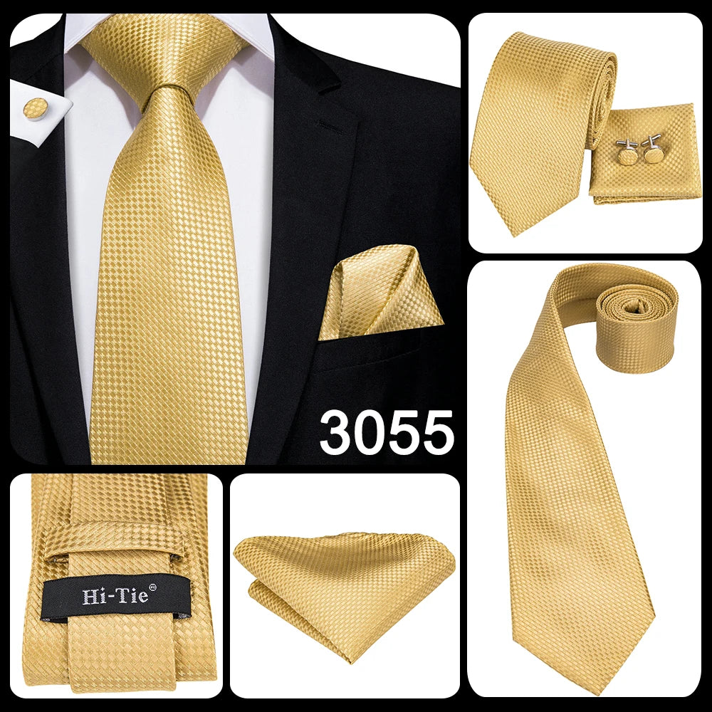 Hi-Tie Seiden-Herren-Krawatten-Set Blumenmuster Gelb Gold Krawatten und Taschentücher Manschettenknöpfe-Set Herren-Hochzeits-Party-Anzug-Mode-Halskrawatte C-3053