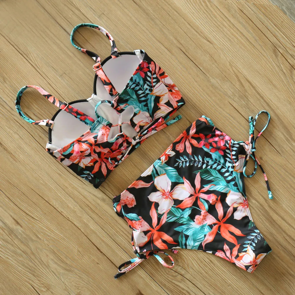 High Waist Schwimmbekleidung 2025: Underwire-Support Mori Girl Style sporlike - Neuer Blatt Druck Vintage Retro Badeanzug Halter Polsterung
