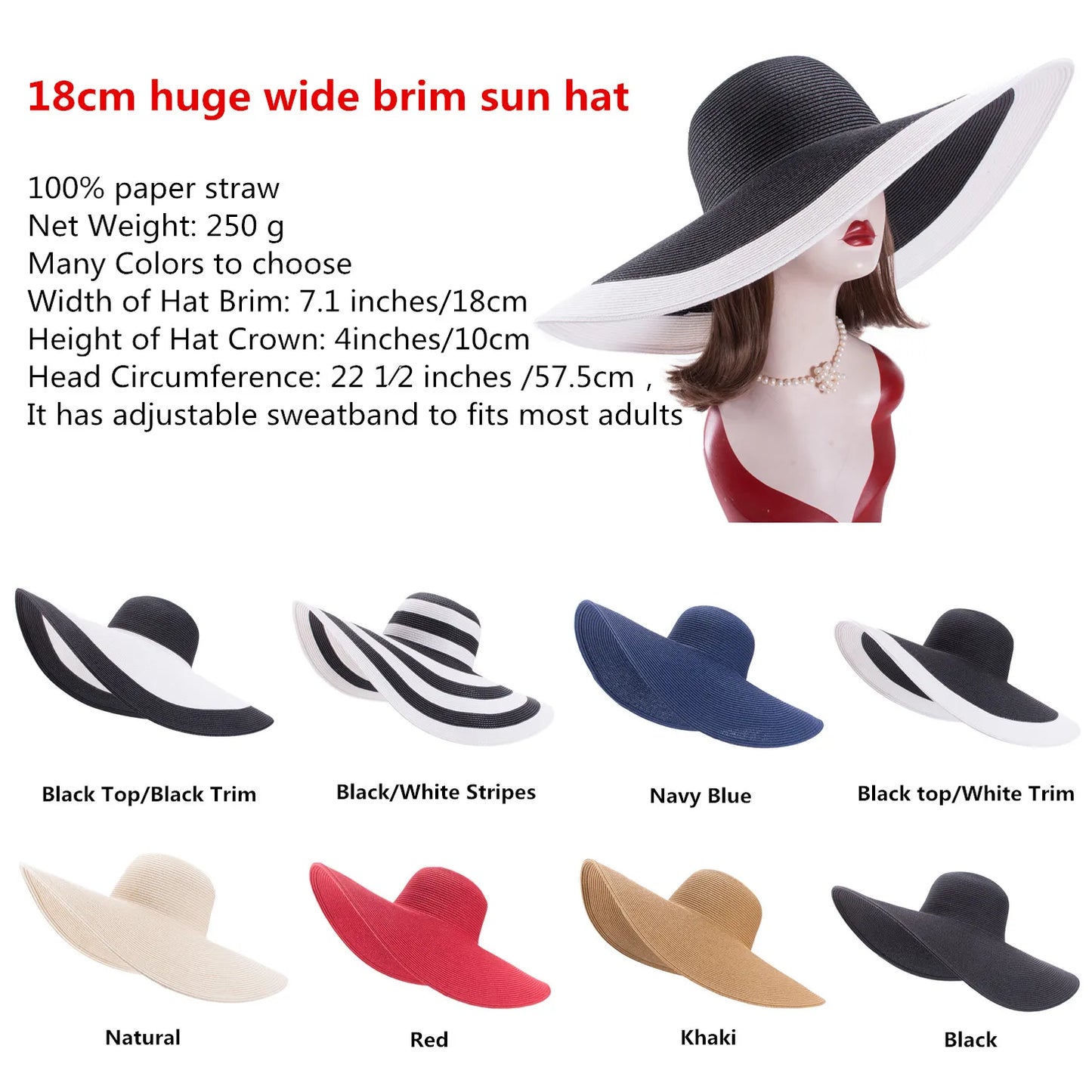 Lawliet 7.1''/18cm Faltbar Übergroß Riesig Breite Krempe Sonne Strand Stroh Hüte Hochzeit Damen Floppy Party Elegant A330
