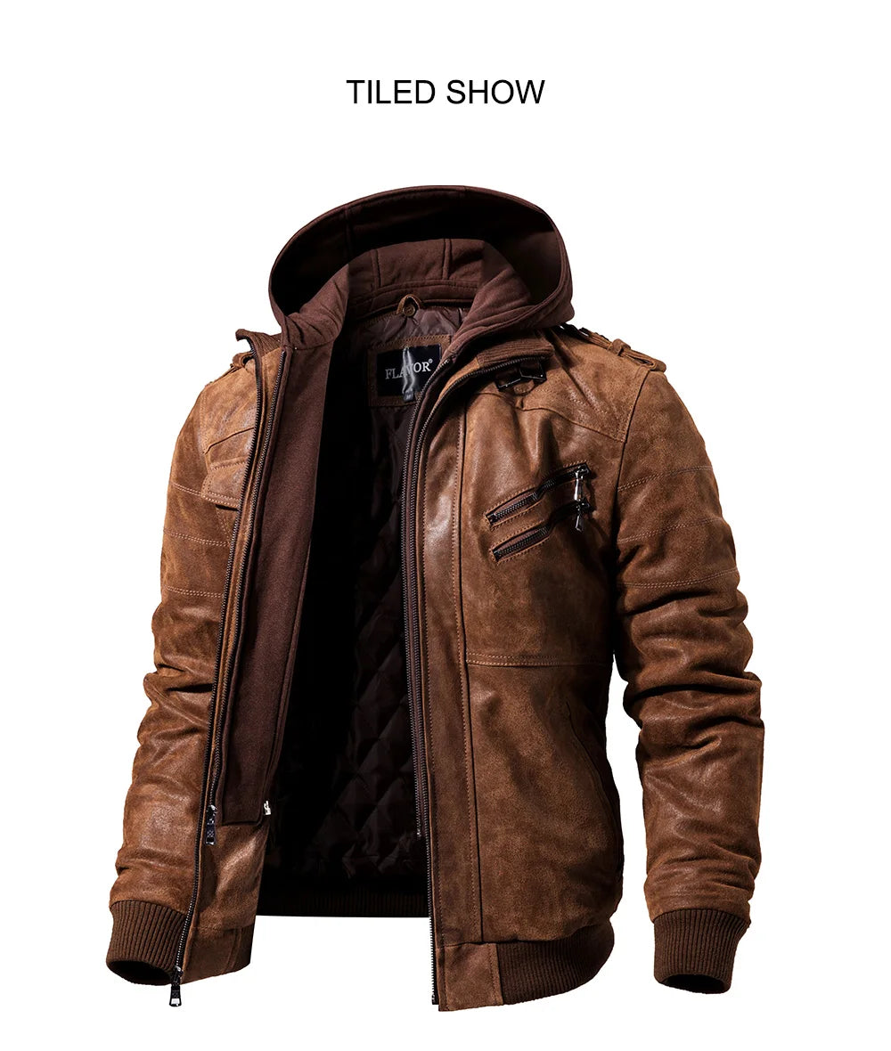FLAVOR Herren Lederjacke Männer Motorrad Abnehmbarer Kapuz Wintermantel Männer Warme Echte Lederjacken