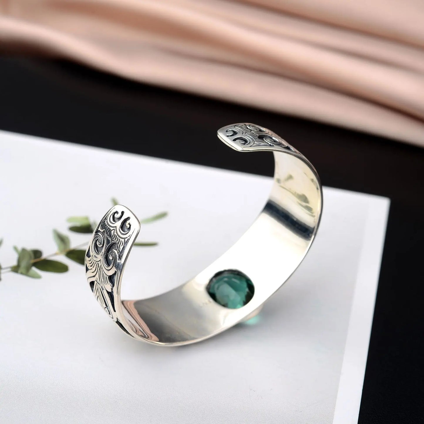 925 sterling silver vine totem charm with green crystal  handcrafted bangle gift