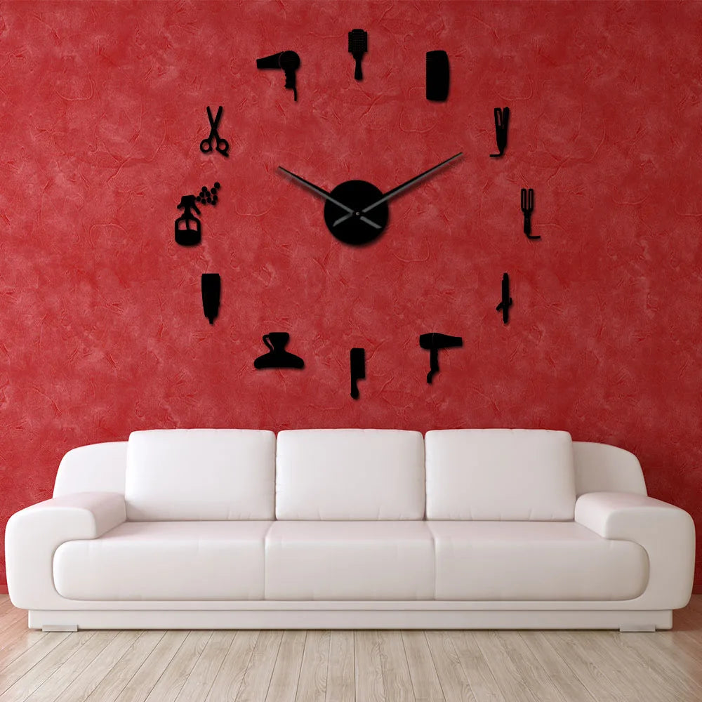 DIY Barber Shop Giant Wall Clock With Mirror Effect Barber Toolkits Decorative Frameless Watch Hairdresser Barber Wall Art Decor