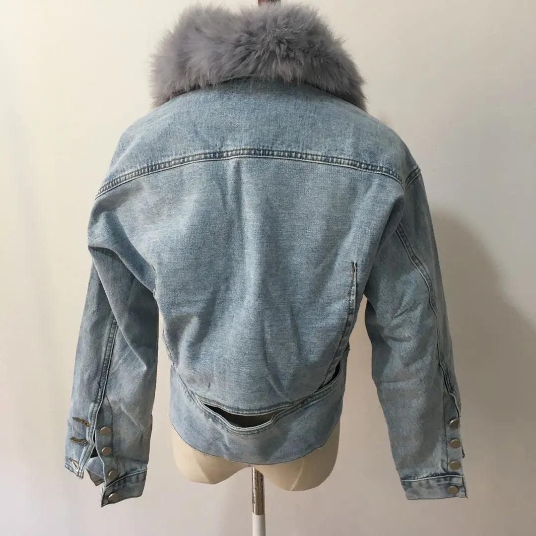 Real Fox fur thick warm denim parkas female winter coat