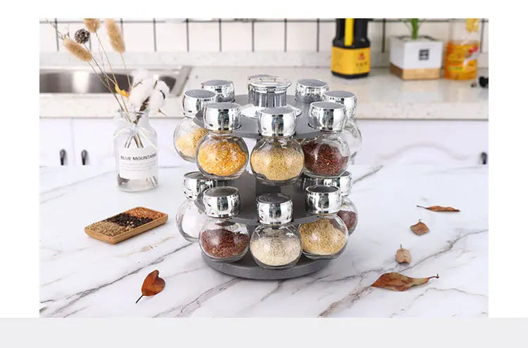 Rotating16Pcs Condiment Set Spice Jar StorageBox HomeKitchen Cruet Condiment Bottle Coffee Sugar Seal Jar Container Rack