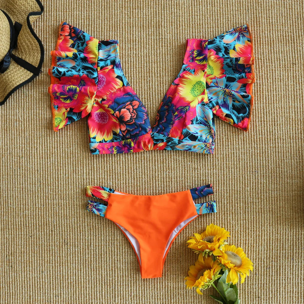 Elegant Rüschen Bikini Set: SEAURAL Brasilianischer V Hals Verbesserte Unterstützung Wire-Free - Strappy Low Waist Polsterung Strand Wear Mujer Biquini