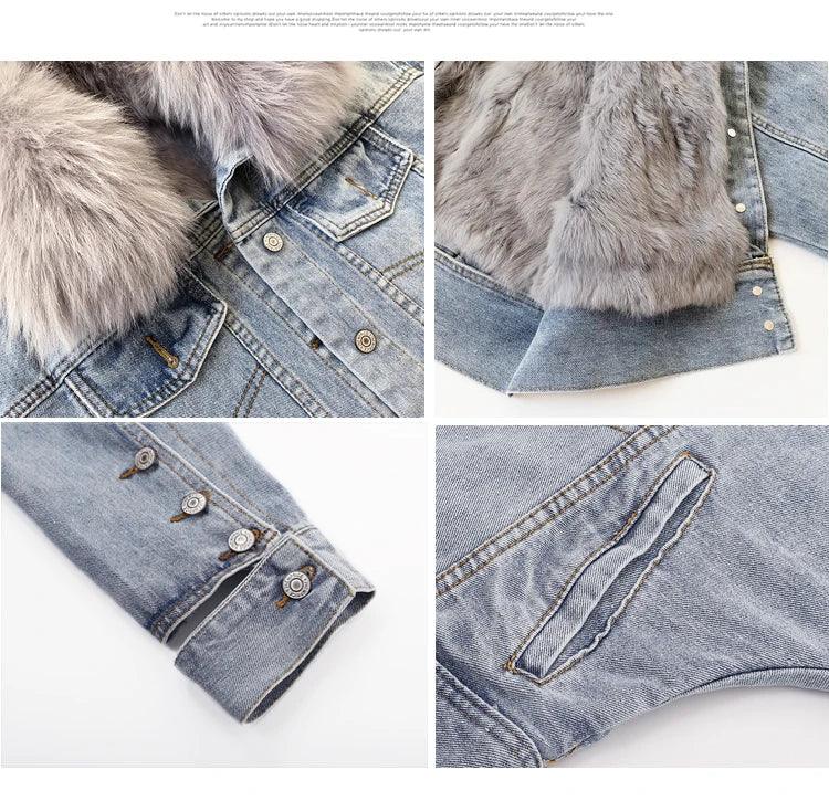 Real Fox fur thick warm denim parkas female winter coat