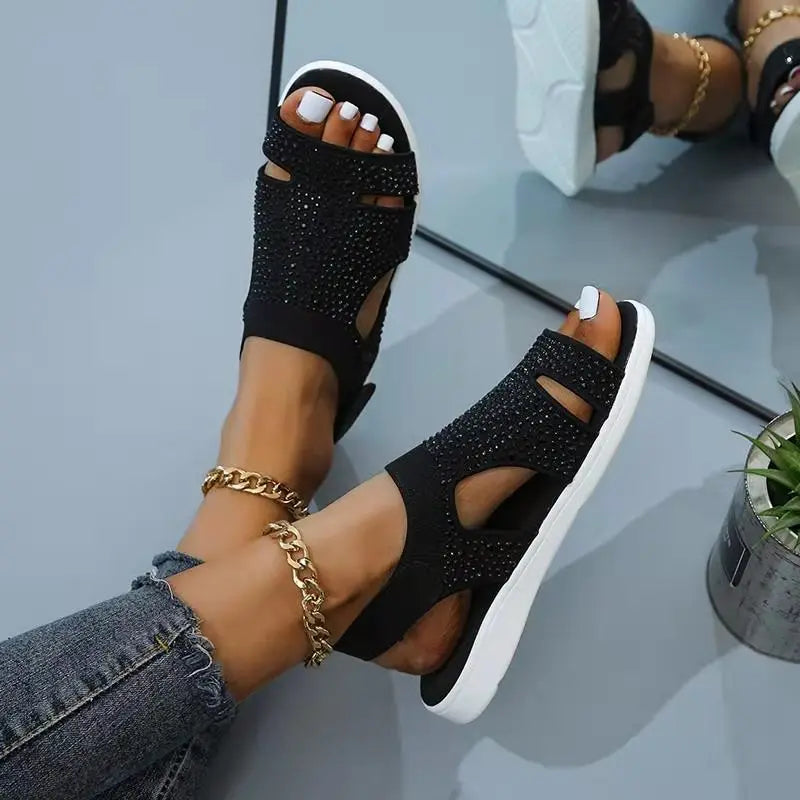 Damen-Kristall-Sandalen 2025: Sexy Flats Schnallen-Riemen Crystal Beach - Glamouröse Strand Sandalen Größe 36-43