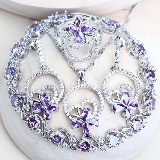 Lila Zirkonia Silber 925 Braut Schmuck Sets - Für Damen Kostüm Schmuck Armbänder - Hochzeit Ringe Ohrringe Anhänger Halskette