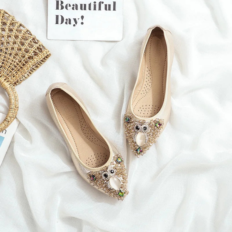 Elegant Women Shoes 2023 Spring Flats Shoes Woman Soft Comfortable Silk Rhinestone Summer Ladies Single Shoes zapatos de mujer