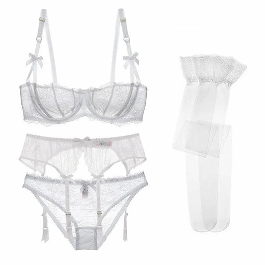 CYHWR Luxury Half Cup Lace Transparent Sexy Lingerie Ultra-thin Solid Shell Style 4 Pieces/Lots Bra Set and Garter and Stocking