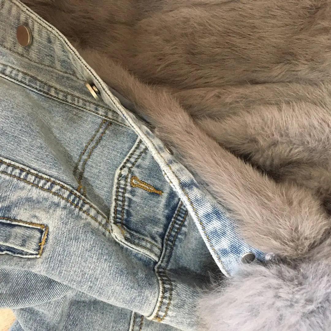 Real Fox fur thick warm denim parkas female winter coat