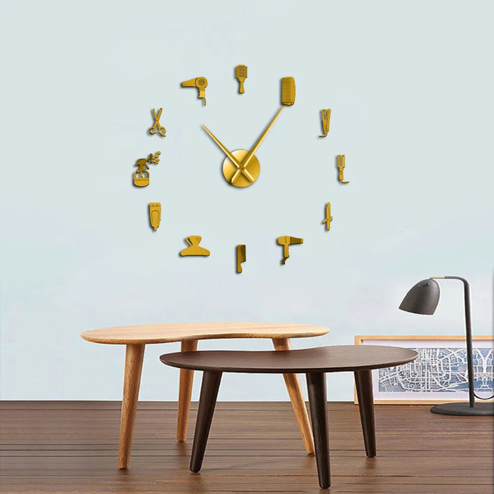 DIY Barber Shop Giant Wall Clock With Mirror Effect Barber Toolkits Decorative Frameless Watch Hairdresser Barber Wall Art Decor