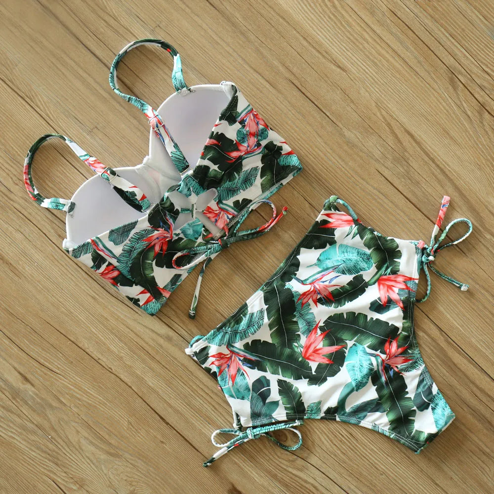 High Waist Schwimmbekleidung 2025: Underwire-Support Mori Girl Style sporlike - Neuer Blatt Druck Vintage Retro Badeanzug Halter Polsterung