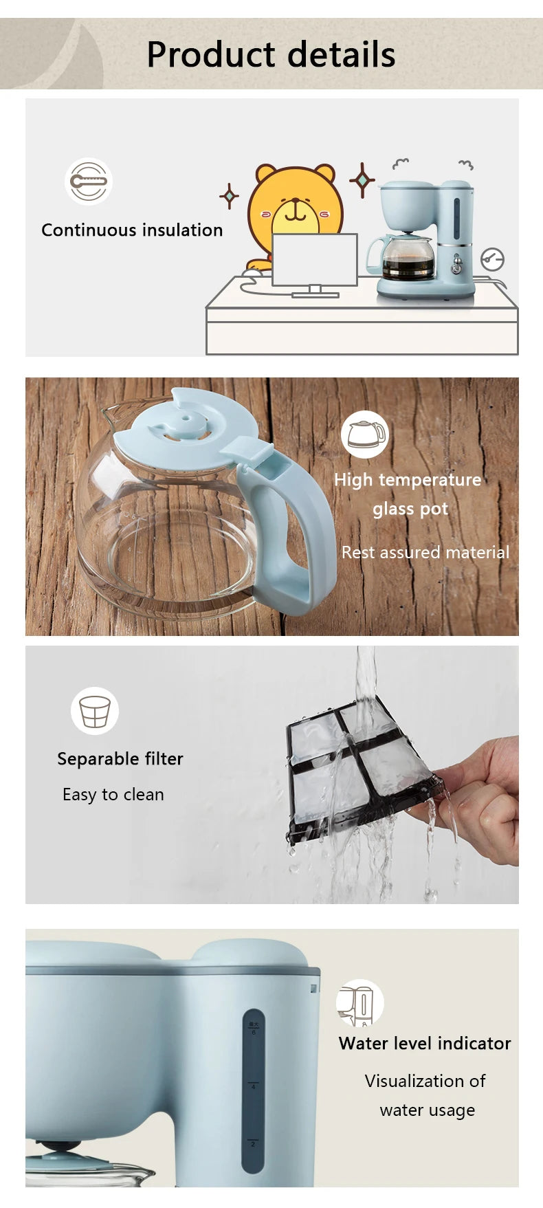 Fully Automatic Drip Coffee Maker Drip filter 600ml American coffee machine Tea Boiler Espresso Maker for home office 220V