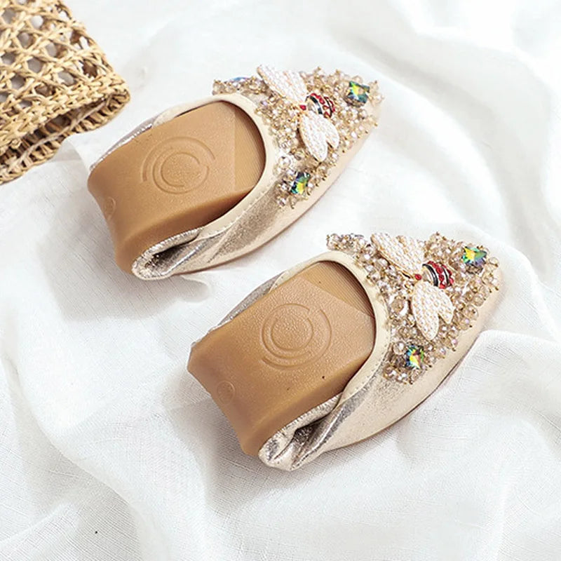 Elegant Women Shoes 2023 Spring Flats Shoes Woman Soft Comfortable Silk Rhinestone Summer Ladies Single Shoes zapatos de mujer