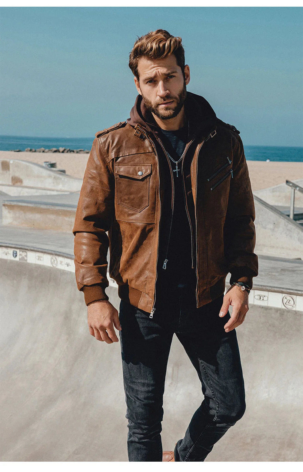 FLAVOR Herren Lederjacke Männer Motorrad Abnehmbarer Kapuz Wintermantel Männer Warme Echte Lederjacken