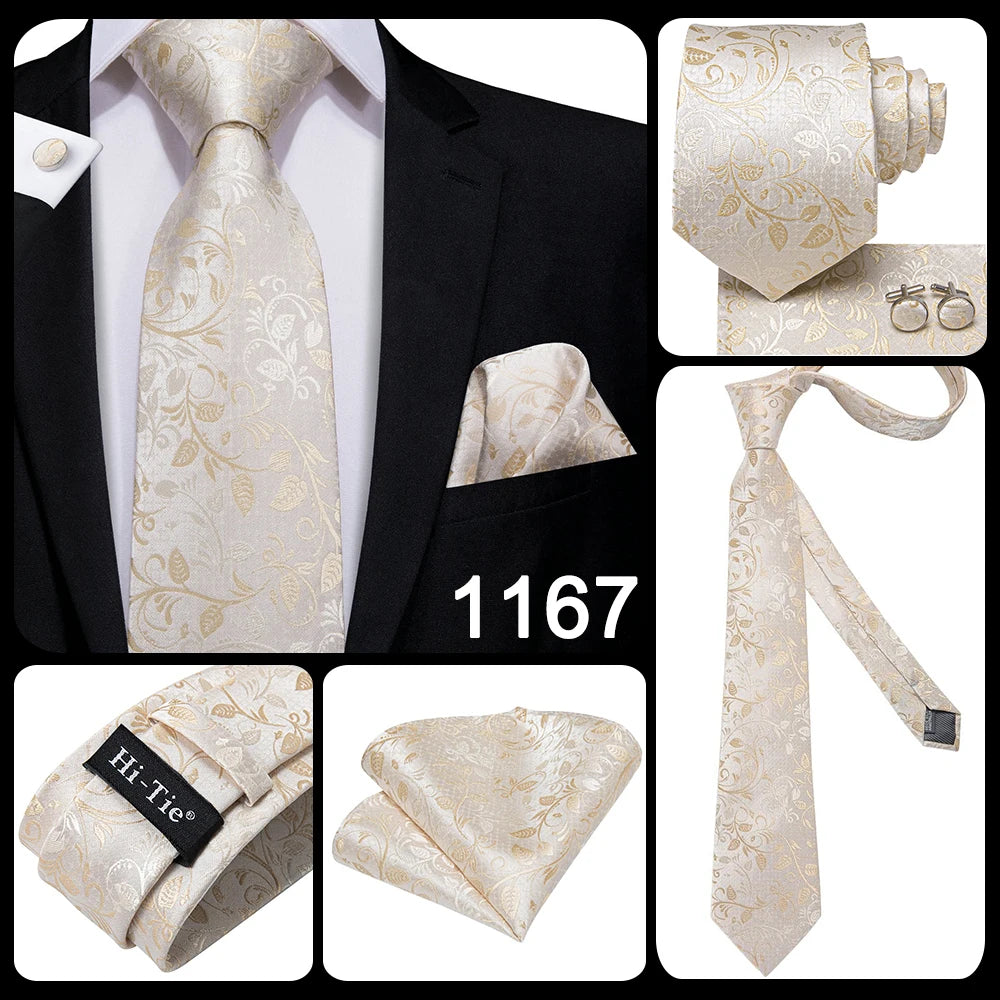 Hi-Tie Seiden-Herren-Krawatten-Set Blumenmuster Gelb Gold Krawatten und Taschentücher Manschettenknöpfe-Set Herren-Hochzeits-Party-Anzug-Mode-Halskrawatte C-3053