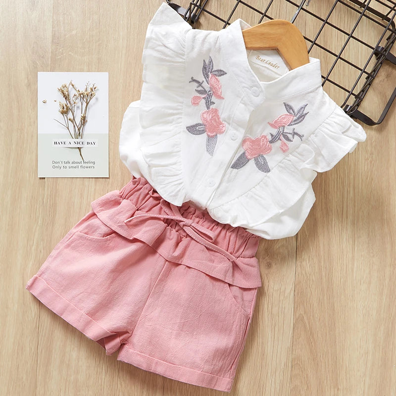 Bear Leader Neuer Sommer Casual Kinder Sets Chiffon Blumen Blau T-Shirt Hosen Mädchen Kleidung Sets Kinder Sommer Set für 3-7 Jahre