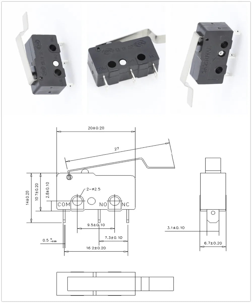 10x Mikroschalter KW11-3Z 5A 250V - Mini Endschalter NO/NC mit Rollenhebel