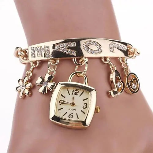 Uhr Frauen Frauen Love Letters Strass Eingelegte Kette Armband Blume Anhänger Handgelenk Uhr Reloj Mujer Damen Kleid Uhren Geschenk