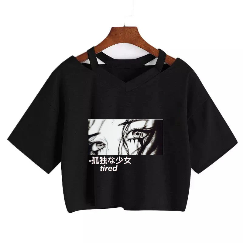 Women's T-shirt Funny anime T-shirt Gothic clothes y2k sexy Harajuku Oversize Tops-tee Ulzzang black Female Top Casual Sling Tee