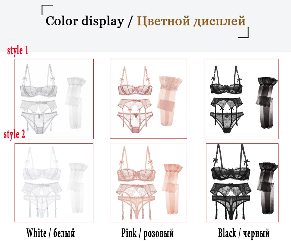CYHWR Luxury Half Cup Lace Transparent Sexy Lingerie Ultra-thin Solid Shell Style 4 Pieces/Lots Bra Set and Garter and Stocking