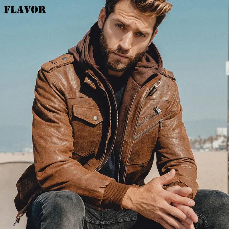 FLAVOR Herren Lederjacke Männer Motorrad Abnehmbarer Kapuz Wintermantel Männer Warme Echte Lederjacken