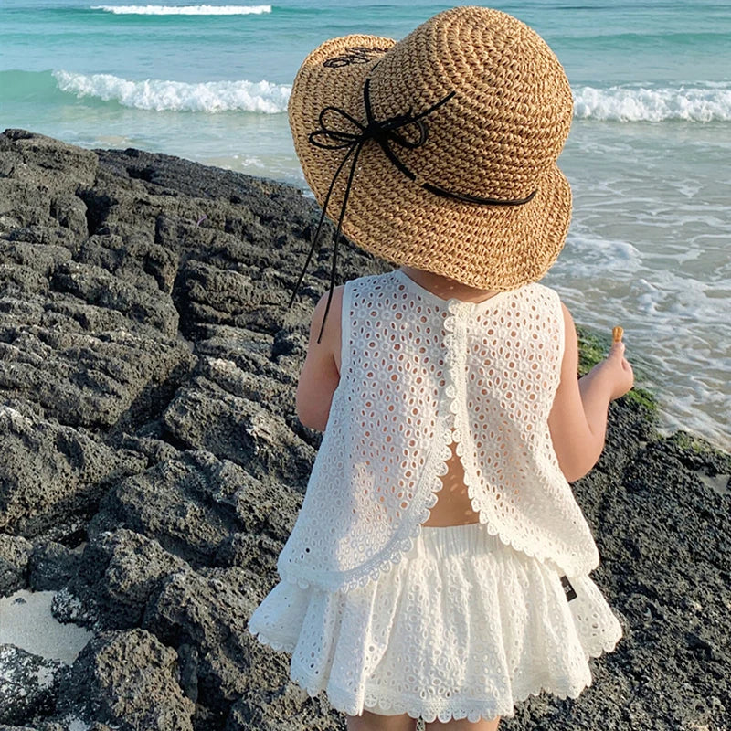 Girls Outfit Set 2022 Summer Clothing Sets Hollow Lace Suit Baby Casual Sleeveless T-shirt+Shorts Kids Clothes Sets Baby Clothes
