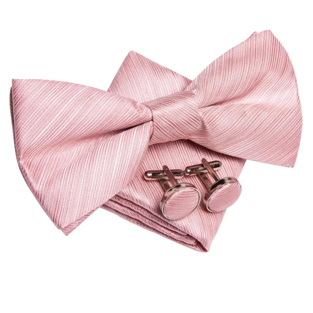 Hi-Tie Peach Pink Salmon Silk Mens Bow Tie Pocket Square Cufflinks Set Pre-tied Butterfly Knot Bowtie for Male Wedding Business