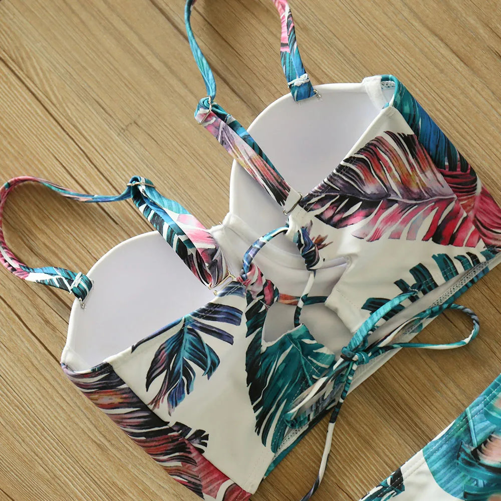 High Waist Schwimmbekleidung 2025 Neuer Blatt Druck Bikinis Frauen Schwimmanzug Vintage Retro Badeanzug Halter Biquini Maillot de bain femme