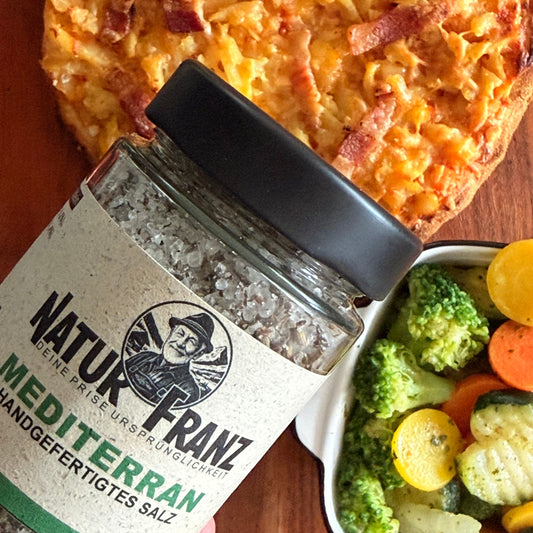 Sare mediteraneană Naturfranz cu arome de plante: rozmarin, busuioc, cimbru, anason, flori de lavandă - 250 g granulație fină