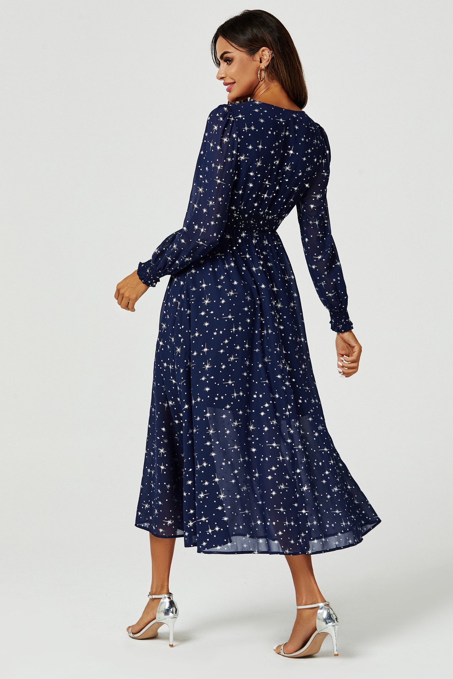 Silver Star Foil Long Sleeve Maxi Dress In Navy