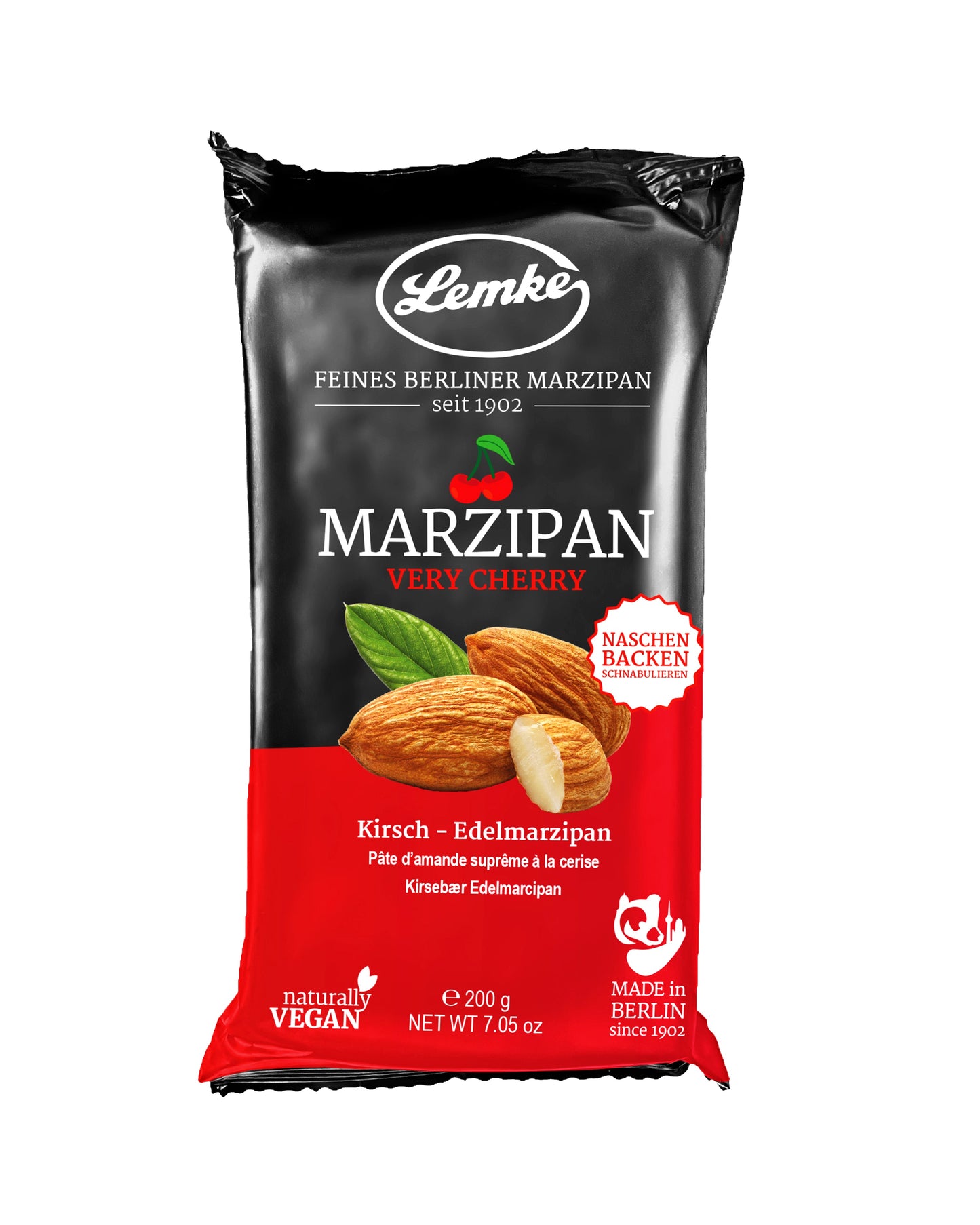 Marțipan fin Berlin Lemke cu aromă de cireșe - Greutate netă 150 g, Vegan, Potrivit pentru copt