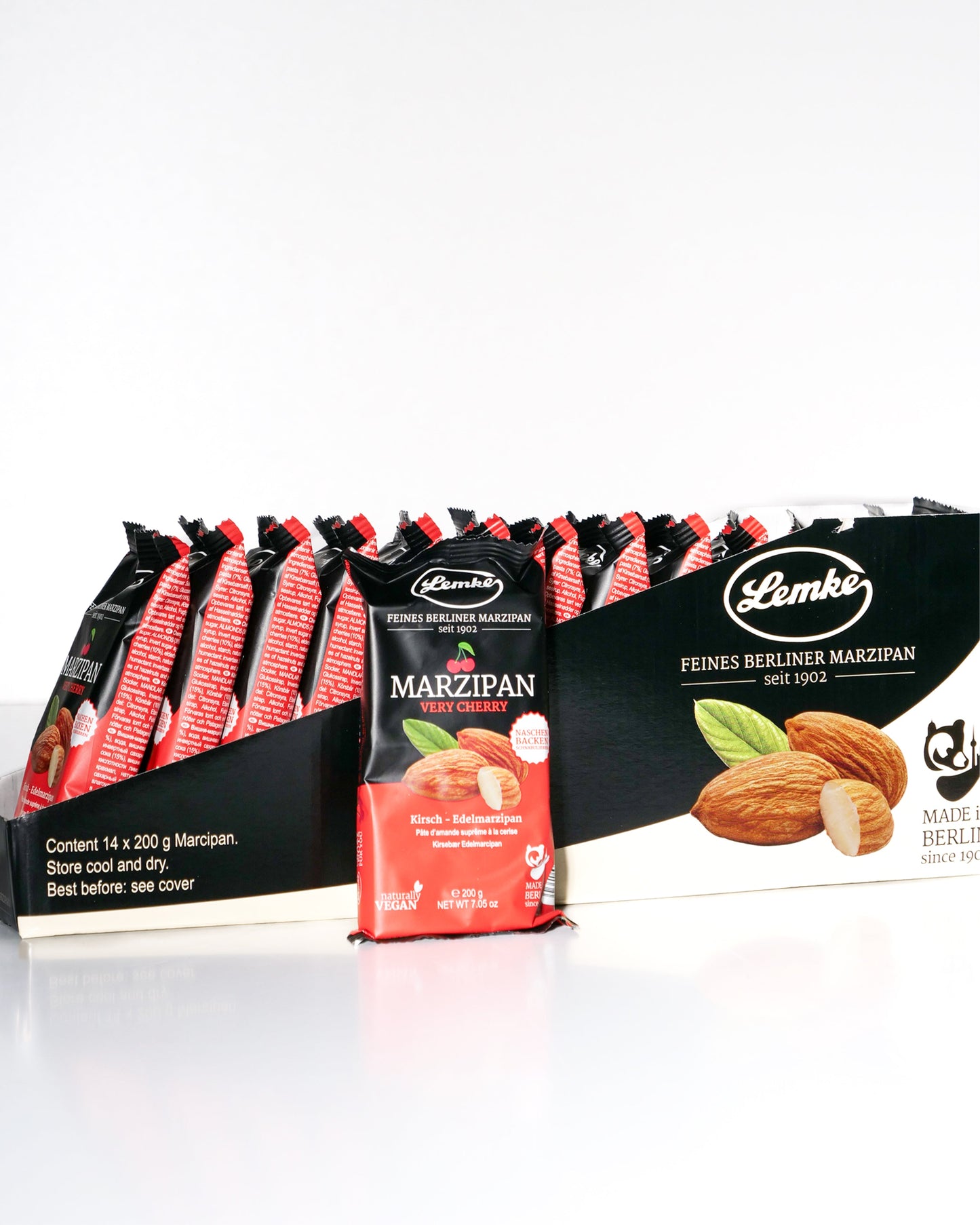 Marțipan fin Berlin Lemke cu aromă de cireșe - Greutate netă 150 g, Vegan, Potrivit pentru copt