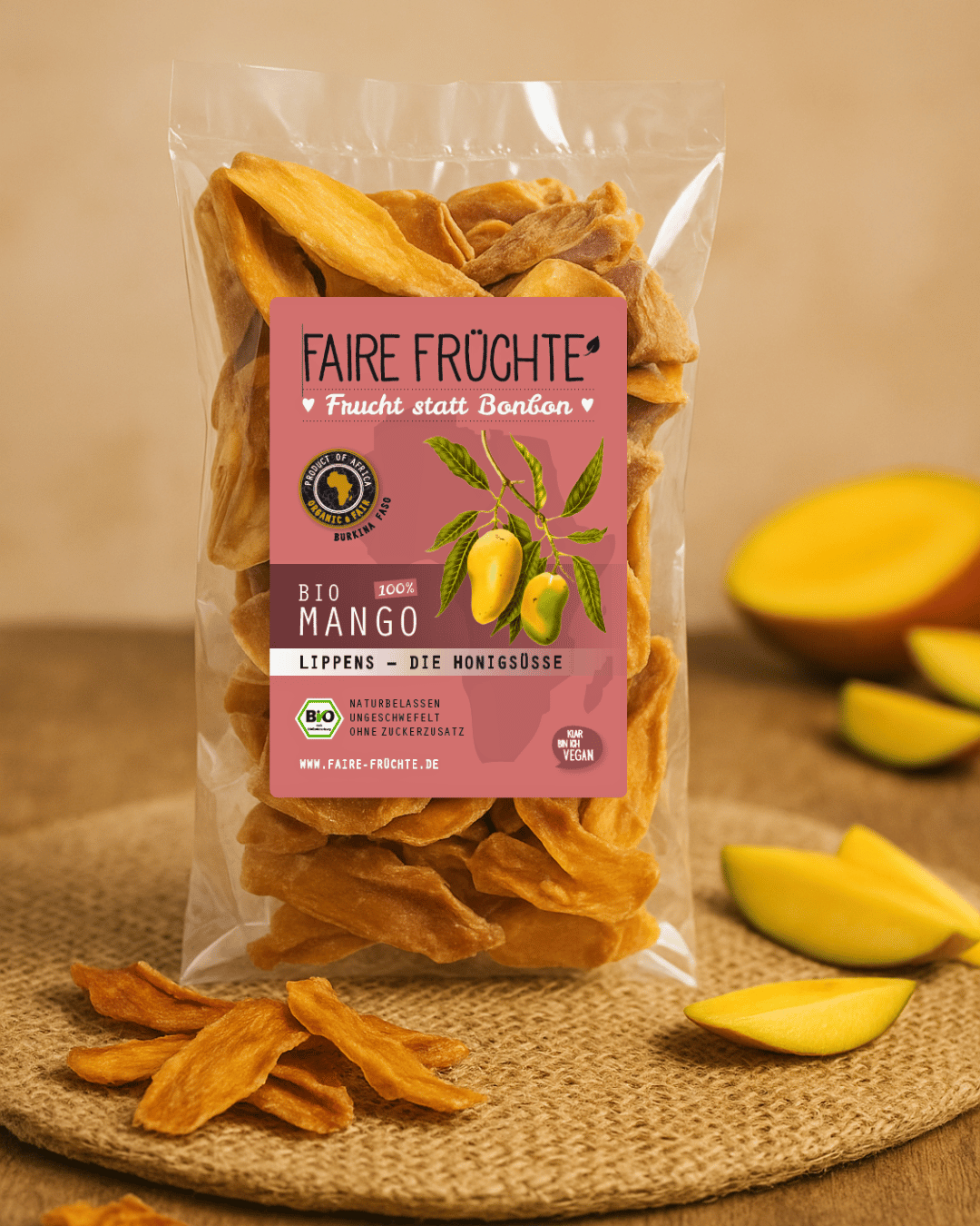 Faire Früchte Mangostreifen Bio - 100 g, Kalorien ca. 350 kcal, Streifenlänge ca. 5 cm