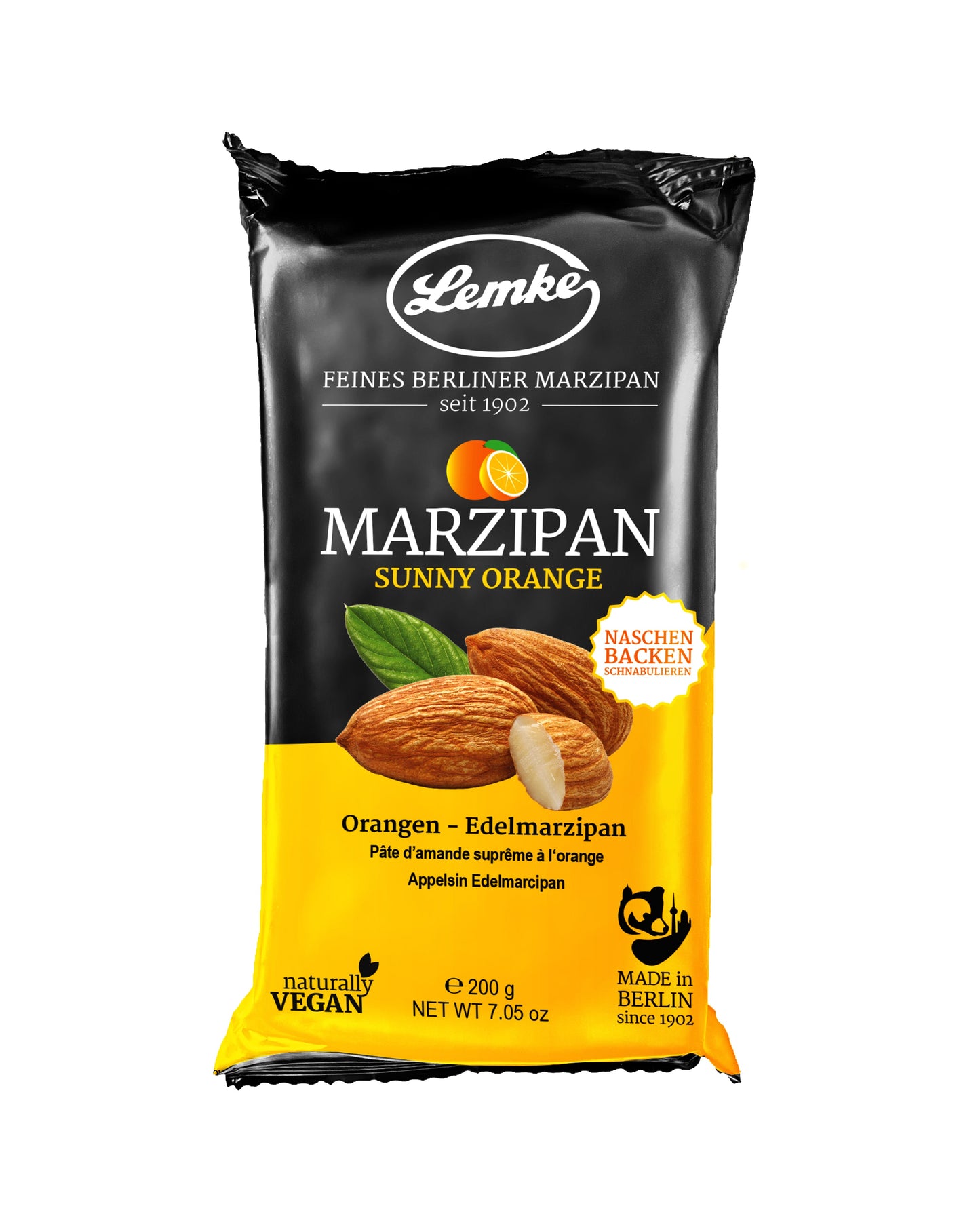 Marțipan fin Berlin Lemke Sunny Orange - Conținut 150 g, Dimensiuni 4 x 4 cm, Vegan