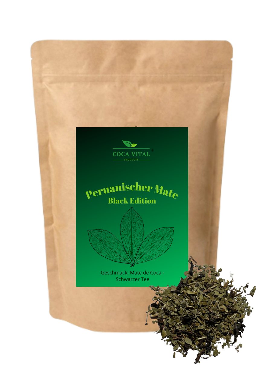 Ceai din frunze de coca Coca Vital Black Edition cu ceai negru - Conținut 100 g, Conținut mediu de cafeină, Dimensiuni ambalaj 9x6 cm