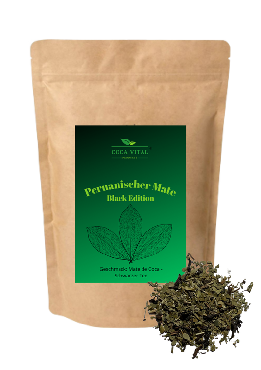 Ceai din frunze de coca Coca Vital Black Edition cu ceai negru - Conținut 100 g, Conținut mediu de cafeină, Dimensiuni ambalaj 9x6 cm
