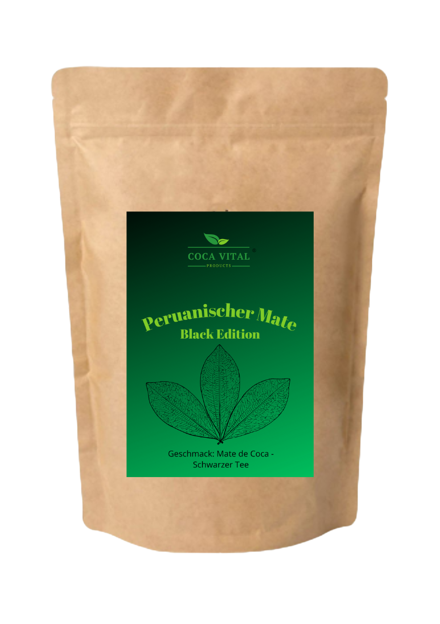 Ceai din frunze de coca Coca Vital Black Edition cu ceai negru - Conținut 100 g, Conținut mediu de cafeină, Dimensiuni ambalaj 9x6 cm