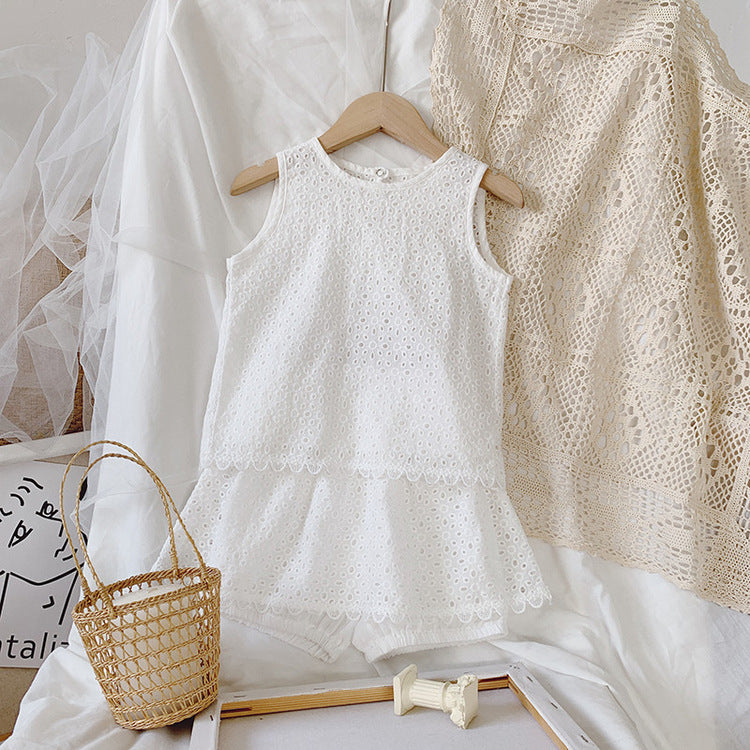 Girls Outfit Set 2022 Summer Clothing Sets Hollow Lace Suit Baby Casual Sleeveless T-shirt+Shorts Kids Clothes Sets Baby Clothes
