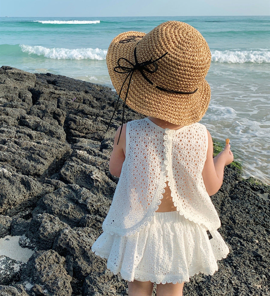 Girls Outfit Set 2022 Summer Clothing Sets Hollow Lace Suit Baby Casual Sleeveless T-shirt+Shorts Kids Clothes Sets Baby Clothes