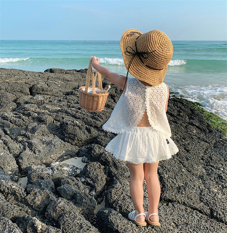 Girls Outfit Set 2022 Summer Clothing Sets Hollow Lace Suit Baby Casual Sleeveless T-shirt+Shorts Kids Clothes Sets Baby Clothes