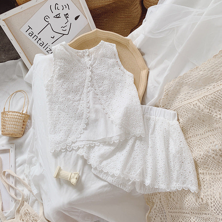 Girls Outfit Set 2022 Summer Clothing Sets Hollow Lace Suit Baby Casual Sleeveless T-shirt+Shorts Kids Clothes Sets Baby Clothes