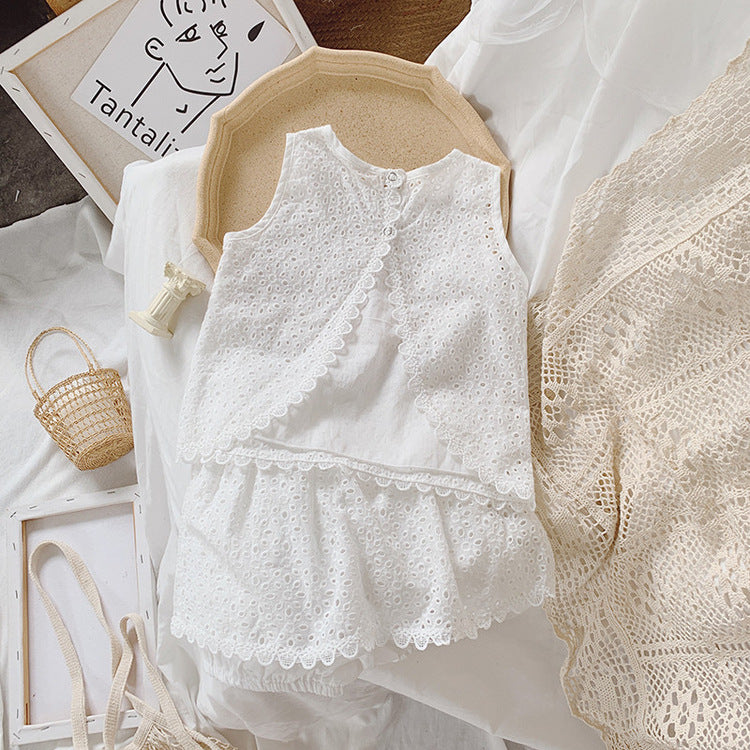 Girls Outfit Set 2022 Summer Clothing Sets Hollow Lace Suit Baby Casual Sleeveless T-shirt+Shorts Kids Clothes Sets Baby Clothes
