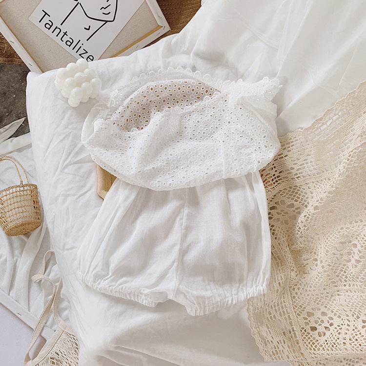 Girls Outfit Set 2022 Summer Clothing Sets Hollow Lace Suit Baby Casual Sleeveless T-shirt+Shorts Kids Clothes Sets Baby Clothes