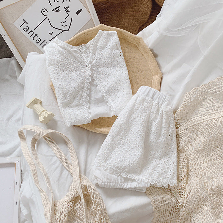 Girls Outfit Set 2022 Summer Clothing Sets Hollow Lace Suit Baby Casual Sleeveless T-shirt+Shorts Kids Clothes Sets Baby Clothes