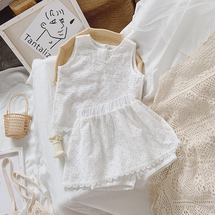 Girls Outfit Set 2022 Summer Clothing Sets Hollow Lace Suit Baby Casual Sleeveless T-shirt+Shorts Kids Clothes Sets Baby Clothes
