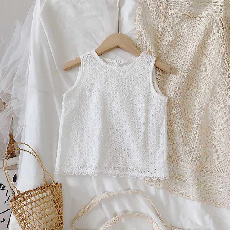 Girls Outfit Set 2022 Summer Clothing Sets Hollow Lace Suit Baby Casual Sleeveless T-shirt+Shorts Kids Clothes Sets Baby Clothes