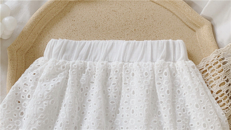 Girls Outfit Set 2022 Summer Clothing Sets Hollow Lace Suit Baby Casual Sleeveless T-shirt+Shorts Kids Clothes Sets Baby Clothes