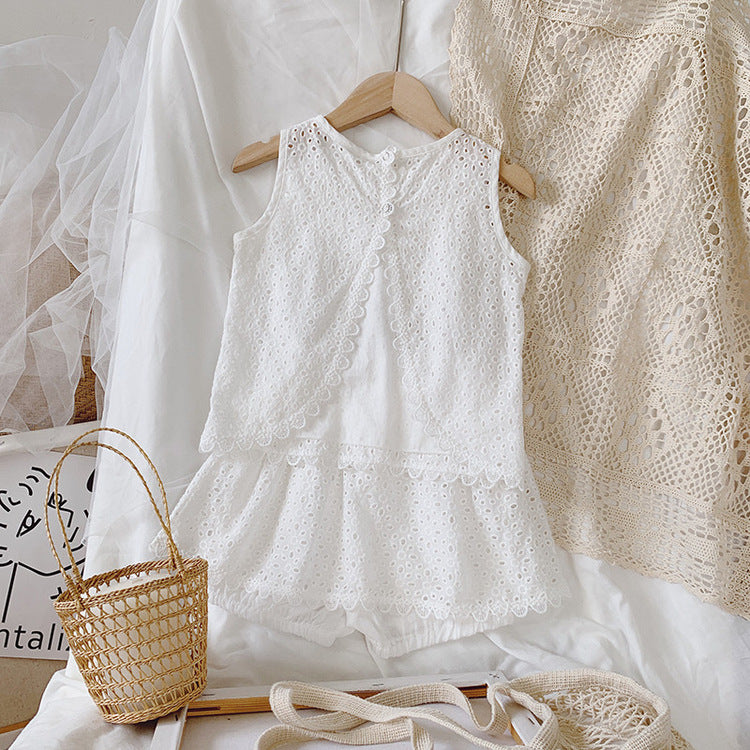 Girls Outfit Set 2022 Summer Clothing Sets Hollow Lace Suit Baby Casual Sleeveless T-shirt+Shorts Kids Clothes Sets Baby Clothes